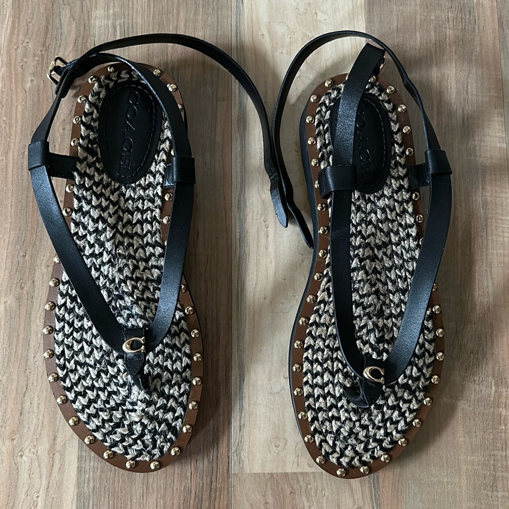 Coach Gracey thong Sandal black Editor's Notes ankle-wrap gold studs woven jute - Picture 5 of 10